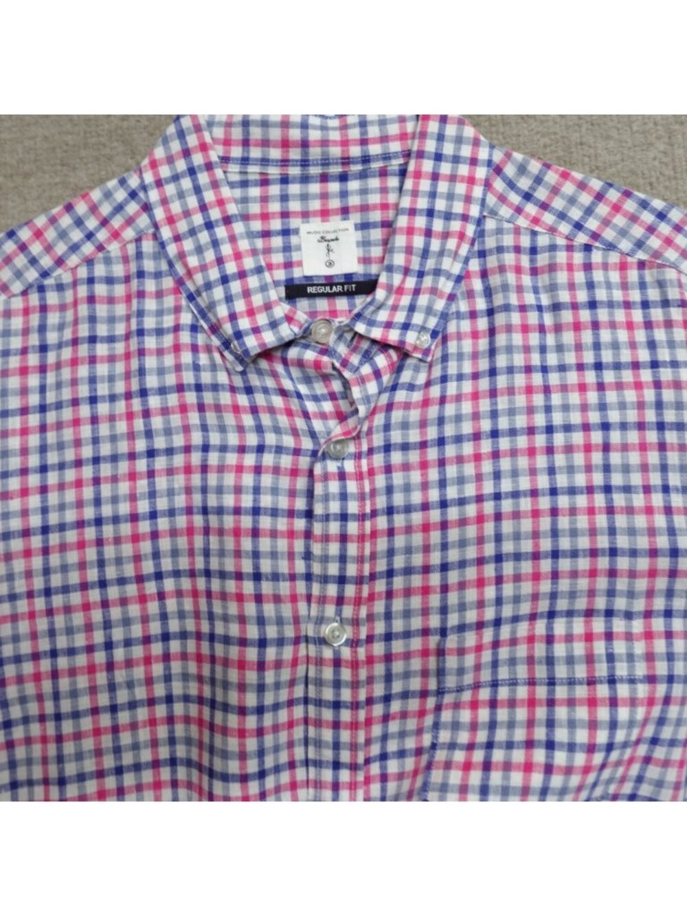 Mudo Shirt Medium Blue White Fuschia Plaid Check 100% Linen